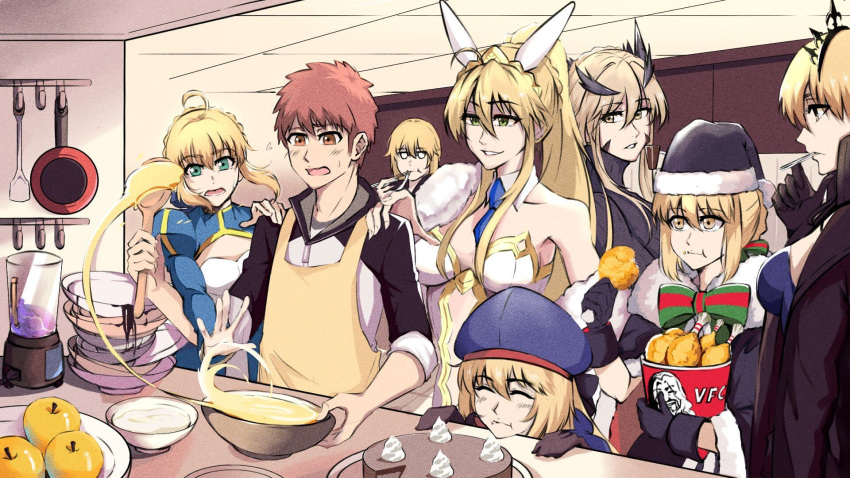 1254843053, 1boy, 6+girls, animal_ears, apple, apron, artoria_caster_(fate), artoria_caster_(second_ascension)_(fate), artoria_pendragon_(alter_swimsuit_rider)_(fate), artoria_pendragon_(fate), artoria_pendragon_(lancer)_(fate), artoria_pendragon_(lancer_alter)_(fate), artoria_pendragon_(swimsuit_ruler)_(fate), beret, black_bow, black_gloves, black_headwear, black_jacket, blender, blonde_hair, blue_dress, blue_headwear, blush, bow, breasts, cake, chicken_leg, closed_eyes, closed_mouth, cooking, crown, dress, eating, emiya_shirou, fate/grand_order, fate/stay_night, fate/zero, fate_(series), food, fruit, fur, fur_trim, gloves, green_eyes, hair_between_eyes, hair_bow, hat, highres, holding, house, jacket, kitchen, large_breasts, long_dress, long_hair, multicolored_bow, multiple_girls, necktie, open_mouth, orange_eyes, orange_hair, rabbit_ears, red_bow, red_eyes, saber, saber_alter, santa_alter, senju_muramasa, short_hair, sitting, small_breasts, smile, swimsuit, table, tableware, teeth, white_fur, yellow_apron