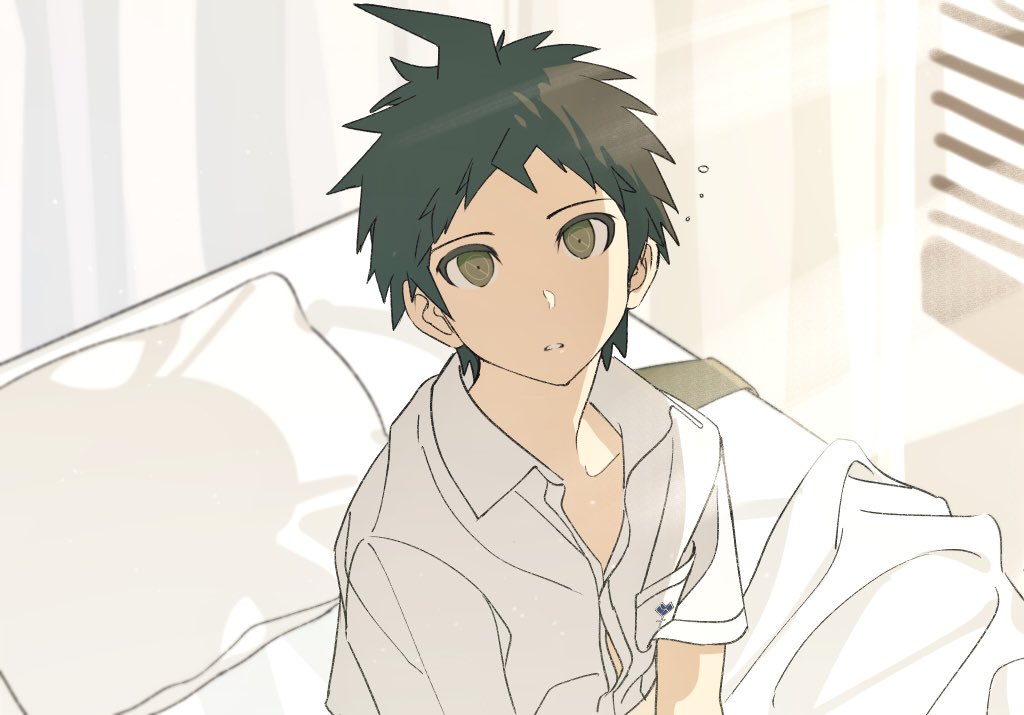 1boy, blanket, brown_eyes, brown_hair, collarbone, collared_shirt, danganronpa_(series), danganronpa_2:_goodbye_despair