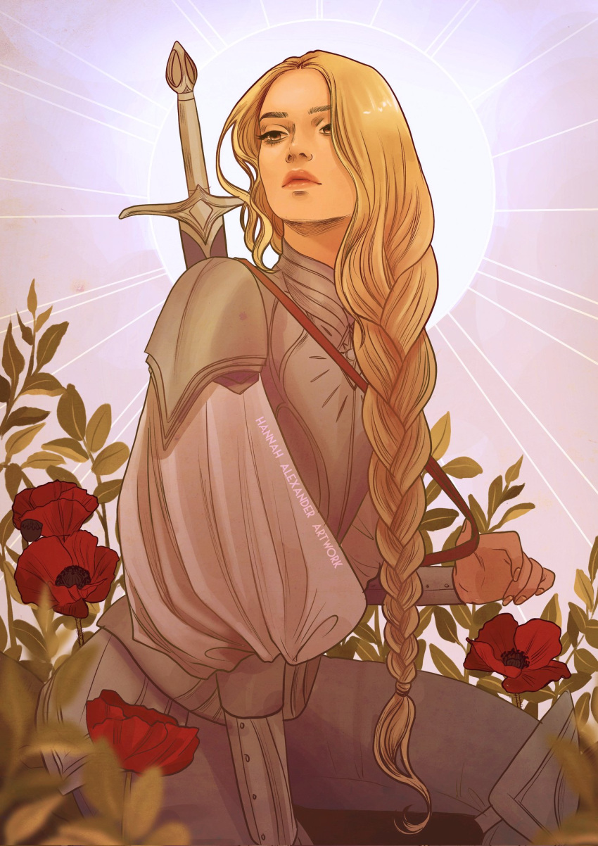 1girl, artist_name, bangs, blonde_hair, braid, closed_mouth, flower, galadriel