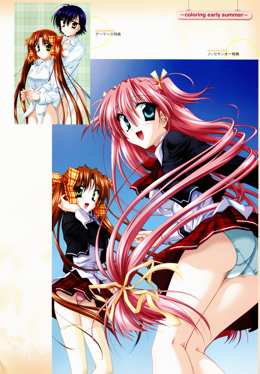 4girls, :d, asaba_yuu, blue_hair, blue_panties, eyebrows_visible_through_hair, karakan, long_hair