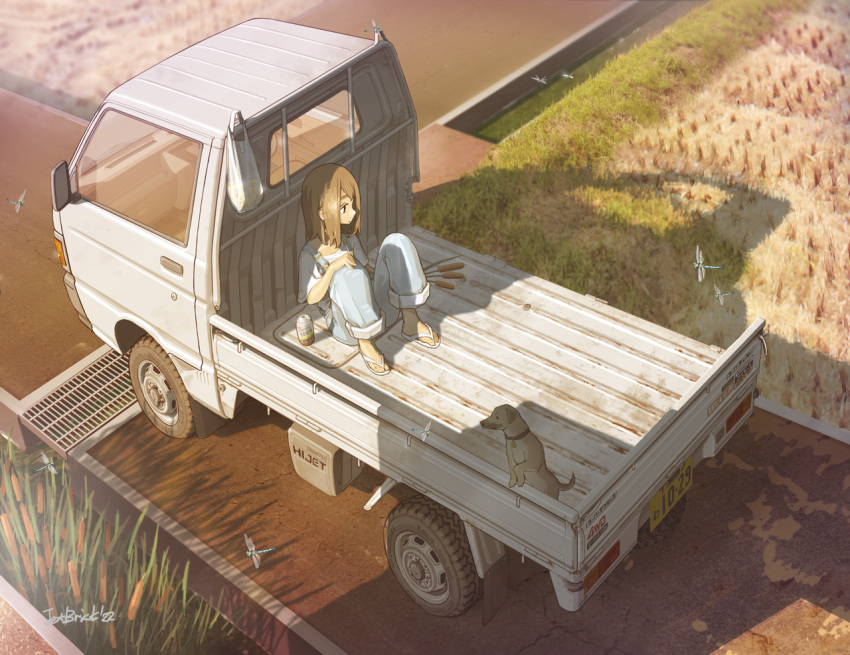 1girl, autumn, bag, bangs, blue_overalls, brown_hair, car, commentary_request