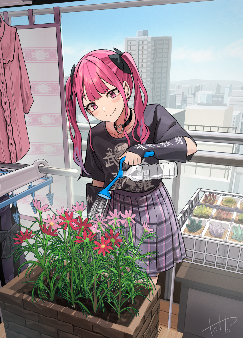 1girl, absurdres, balcony, black_bow, black_nails, black_shirt, blue_hair, blush