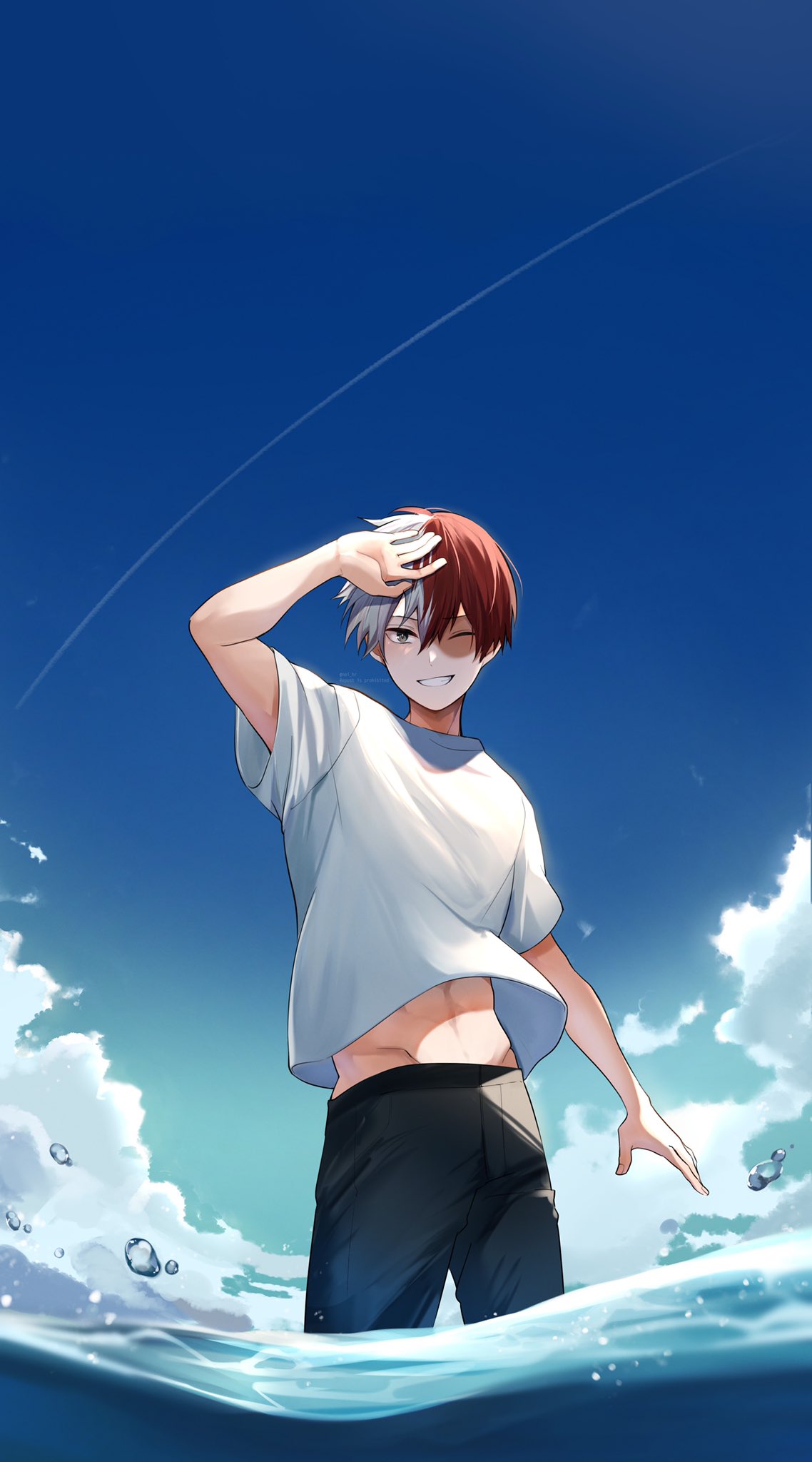 1boy, arm_up, beach, black_pants, blue_sky, boku_no_hero_academia, clothes_lift, grey_eyes