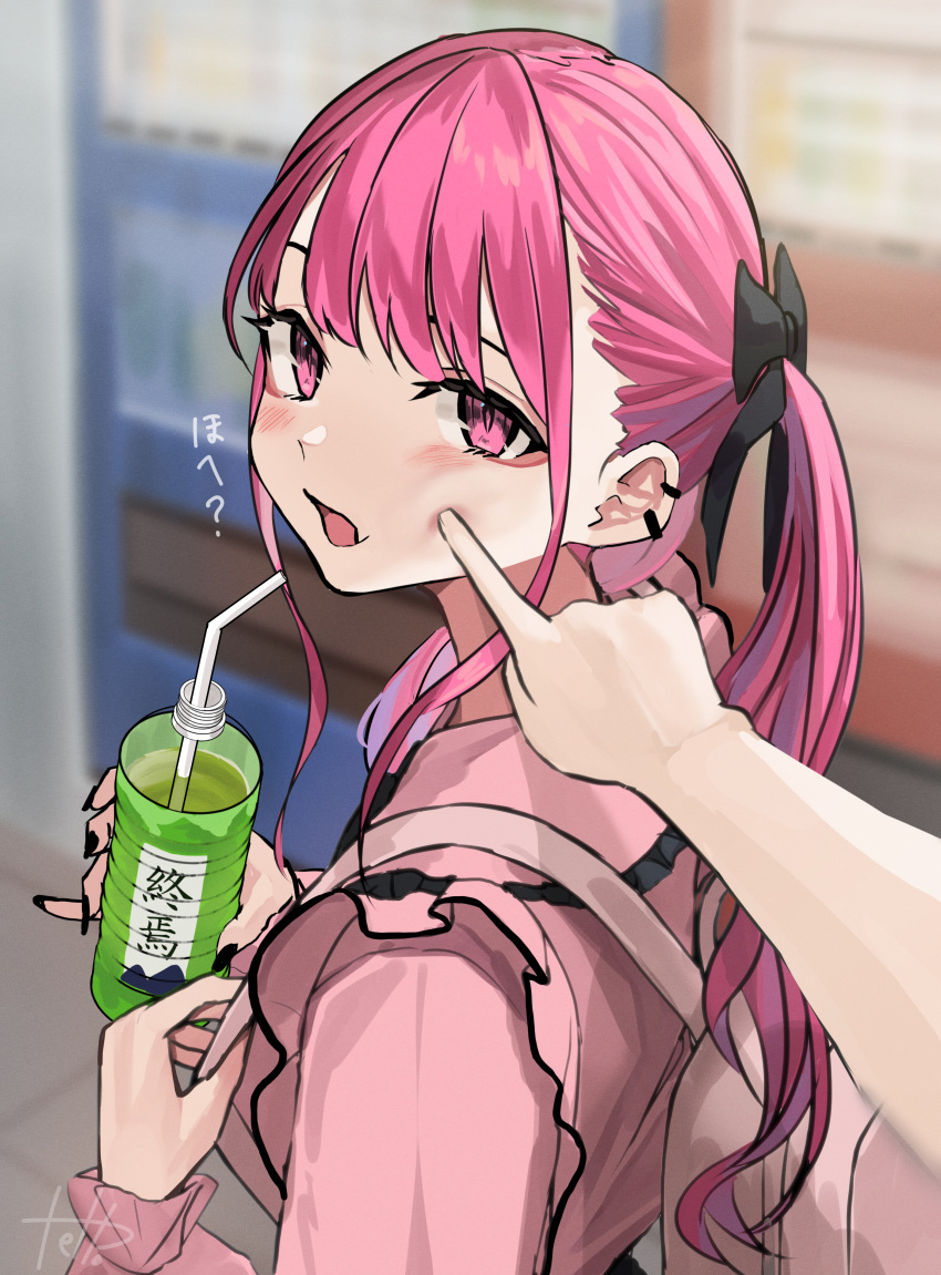 1girl, 1other, absurdres, backpack, bag, black_bow, black_bowtie, blue_hair