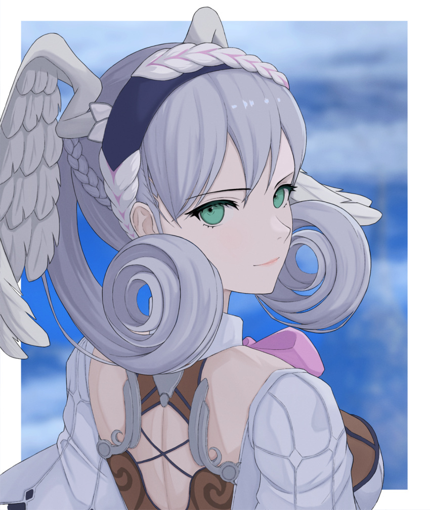 1girl, border, braid, breasts, commentary_request, crown_braid, curly_hair, detached_collar