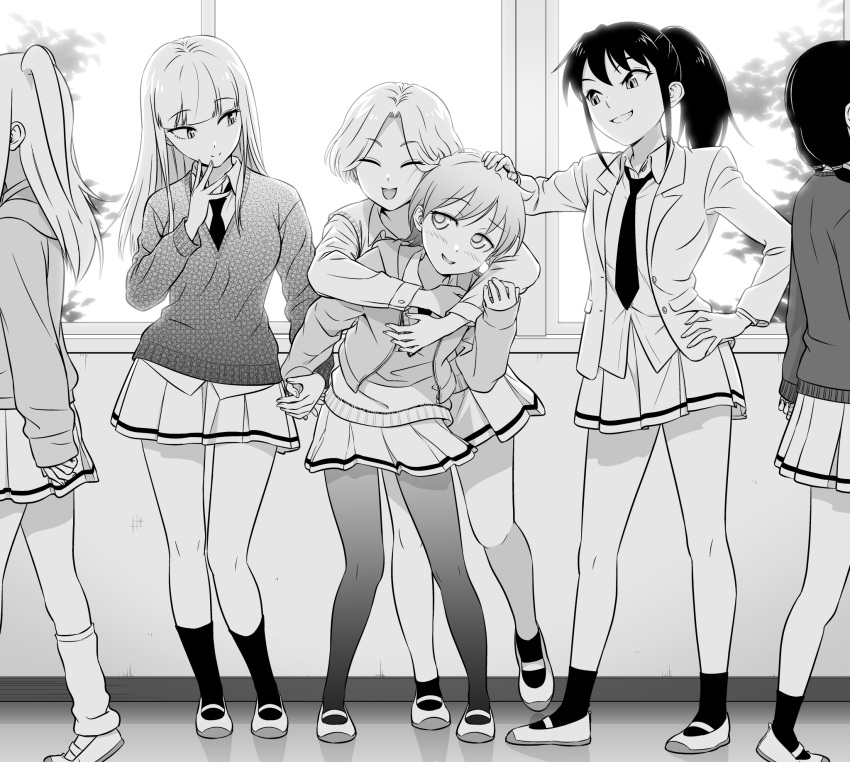6+girls, bangs, black_hair, blazer, blonde_hair, blunt_bangs, blush, cardigan