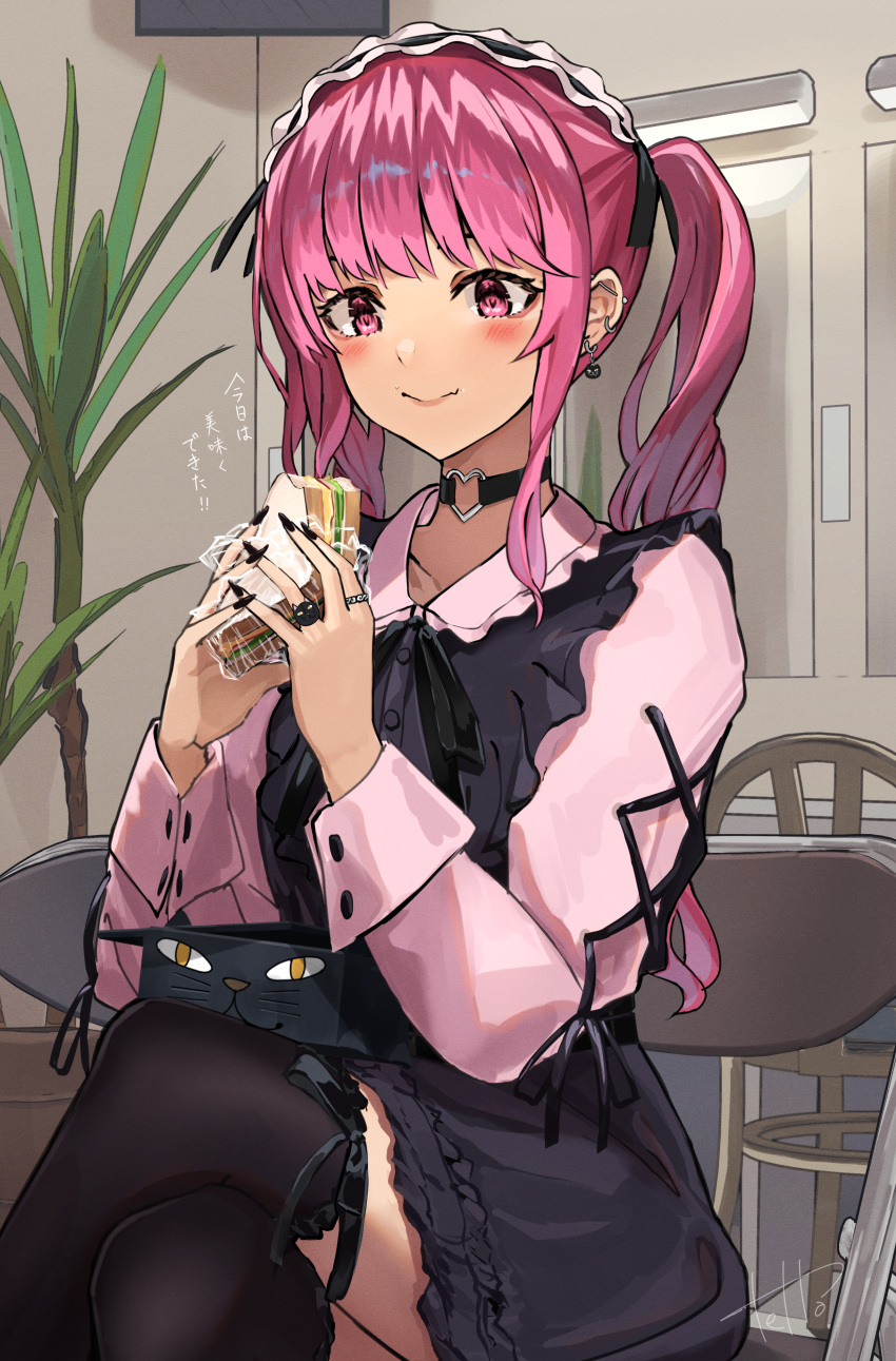 1girl, absurdres, bento, black_bow, black_bowtie, black_dress, black_nails, black_thighhighs