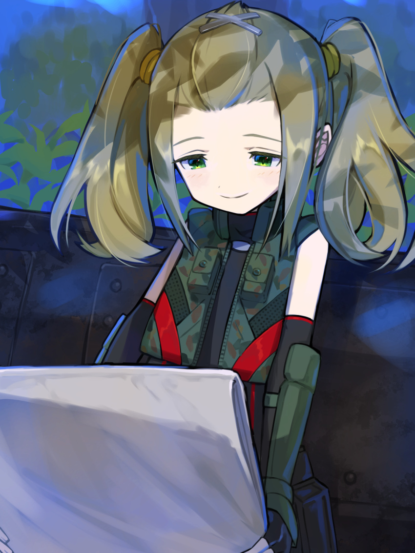 1girl, asagi1111, brown_hair, closed_mouth, commentary_request, forehead, green_eyes, hair_ornament