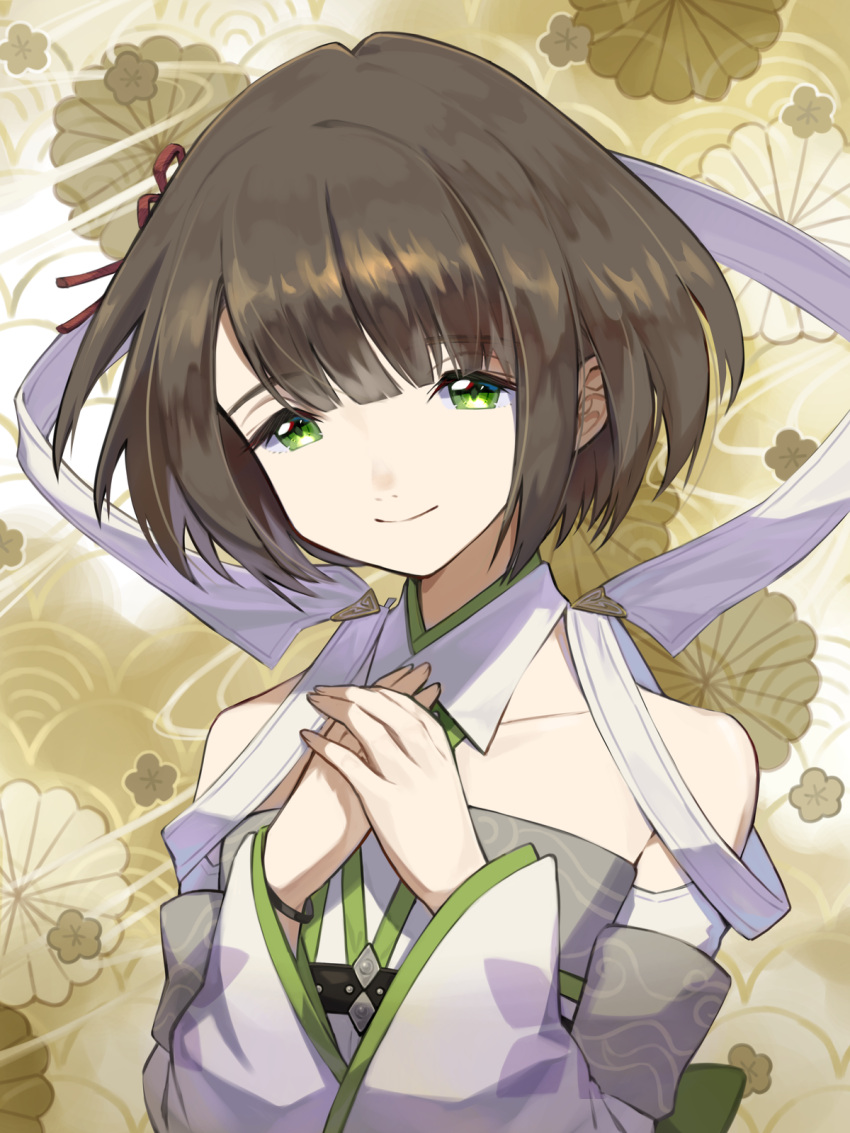 1girl, asagi1111, bare_shoulders, brown_hair, closed_mouth, commentary, detached_collar, green_eyes