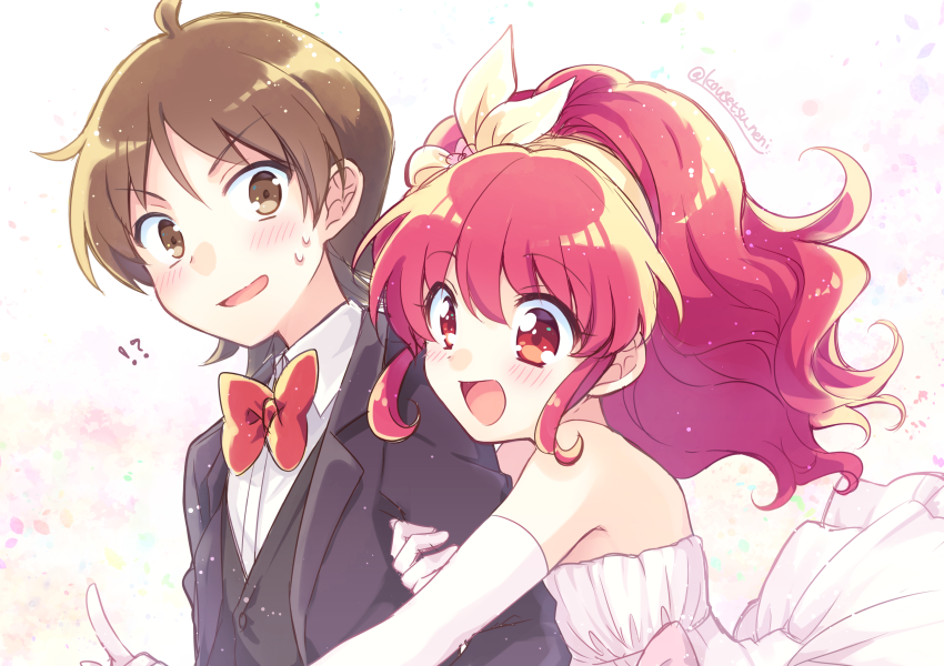 !?, 1boy, 1girl, aino_megumi, black_jacket, black_vest, blush, bow, bowtie, brown_hair, collared_shirt, couple, dress, dress_shirt, elbow_gloves, gloves, hair_bow, happinesscharge_precure!, hetero, index_finger_raised, jacket, kousetsu, long_hair, open_clothes, open_jacket, open_mouth, ponytail, precure, red_bow, red_bowtie, redhead, sagara_seiji, shiny, shiny_hair, shirt, short_hair, strapless, strapless_dress, sweatdrop, twitter_username, vest, wedding_dress, white_background, white_bow, white_dress, white_gloves, white_shirt, wing_collar