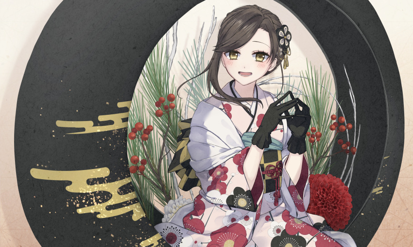 1girl, back_bow, bangs, black_gloves, blush, bow, brown_hair, floating_hair