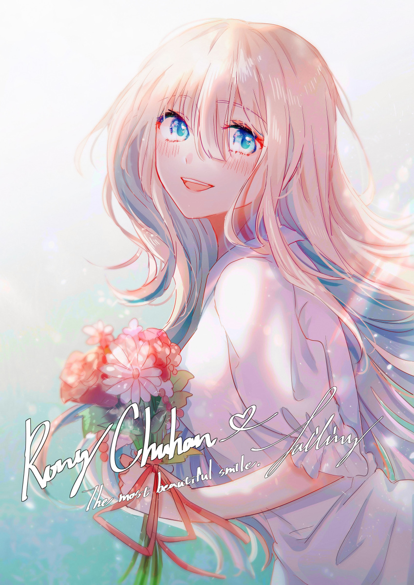 1girl, :d, absurdres, bangs, blonde_hair, blue_eyes, blush, bouquet