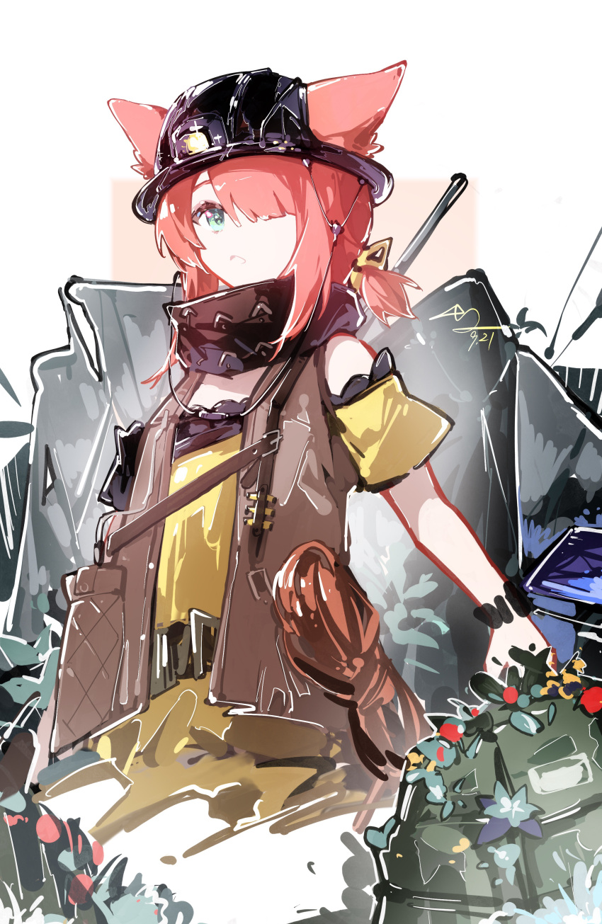 1girl, :o, absurdres, animal_ears, arknights, black_headwear, black_scarf, brown_vest