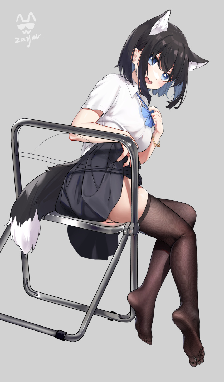 1girl, absurdres, animal_ear_fluff, animal_ears, ass, black_hair, black_pantyhose, black_thighhighs