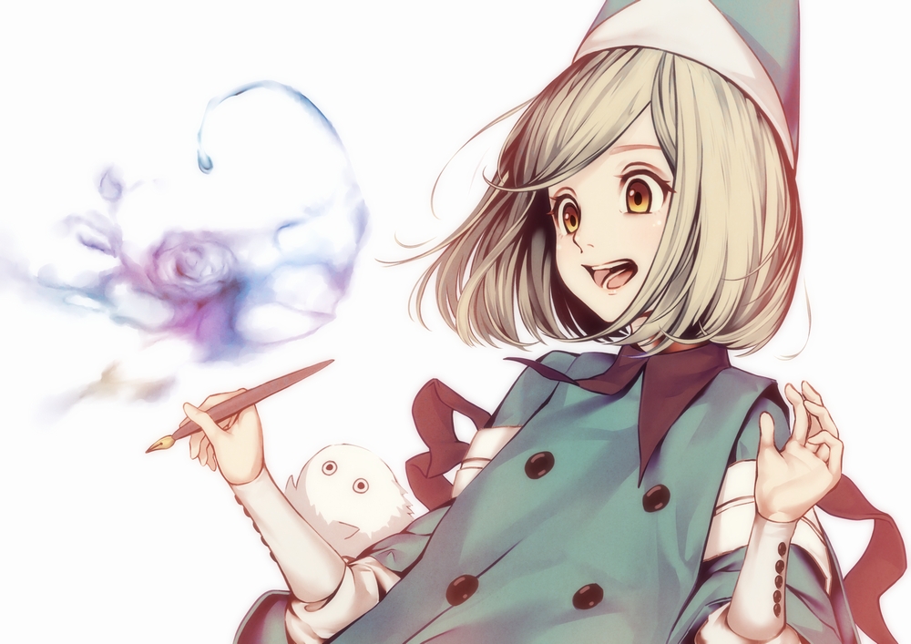 1girl, :d, aqua_headwear, aqua_jacket, black_ribbon, blonde_hair, brown_eyes, brushbug