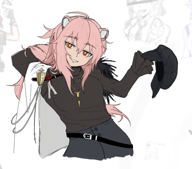 1girl, ahoge, animal_ears, arknights, beret, black_gloves, black_headwear, black_shirt