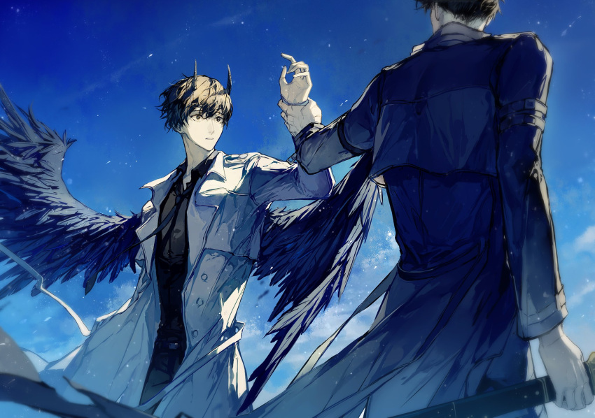 2boys, bangs, black_coat, black_hair, black_shirt, black_wings, coat, collared_shirt