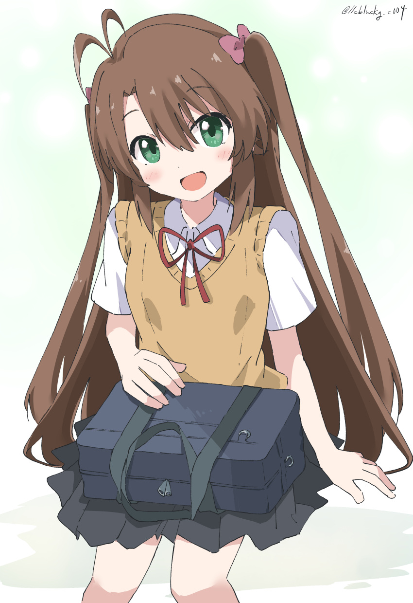 1girl, :d, absurdres, antenna_hair, bag, black_skirt, blush, bow