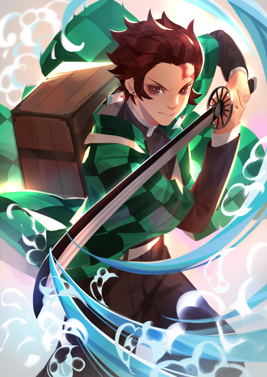 1boy, black_jacket, black_pants, brown_eyes, brown_hair, checkered_haori, cowboy_shot, demon_slayer_uniform