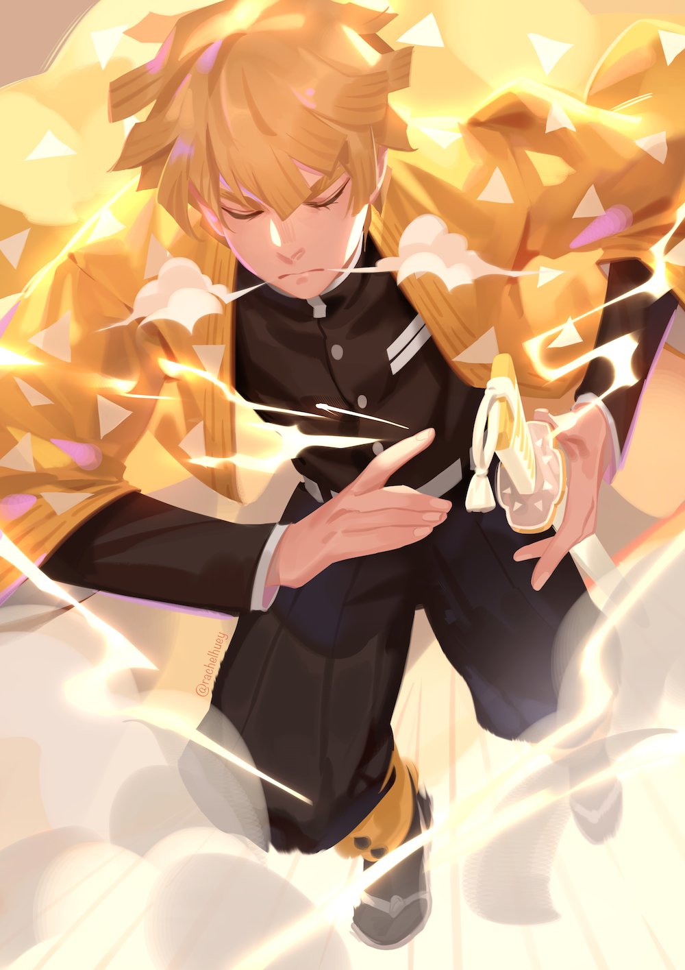 1boy, agatsuma_zenitsu, bangs, black_jacket, black_pants, black_socks, blonde_hair, blunt_bangs