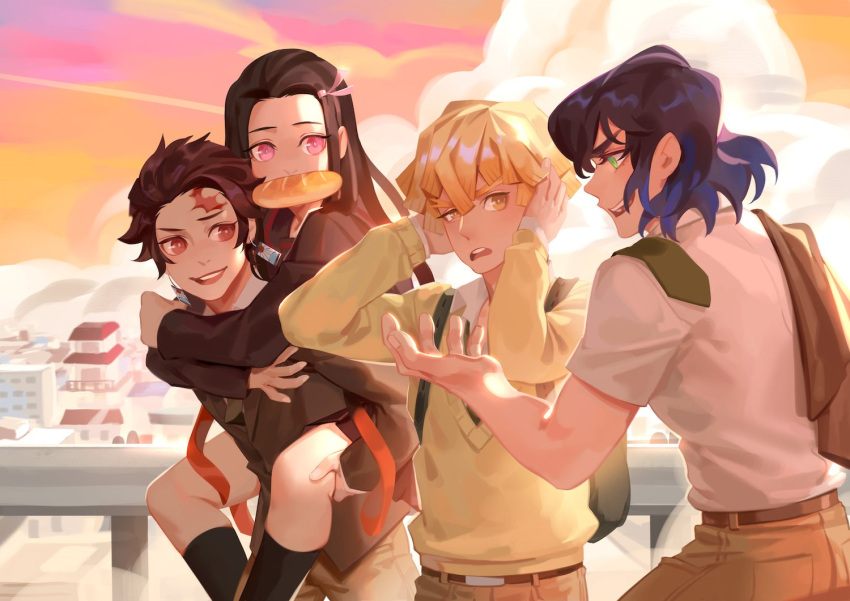 1girl, 3boys, agatsuma_zenitsu, amused, annoyed, arms_around_neck, backpack, bag