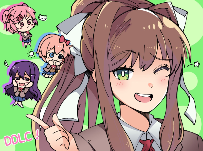4girls, bow, chibi, doki_doki_literature_club, green_background, green_eyes, long_hair, monika_(doki_doki_literature_club), multiple_girls, natsuki_(doki_doki_literature_club), one_eye_closed, open_mouth, sayori_(doki_doki_literature_club), school_uniform, smile, sn_(zigzagspark6), white_bow, yuri_(doki_doki_literature_club)