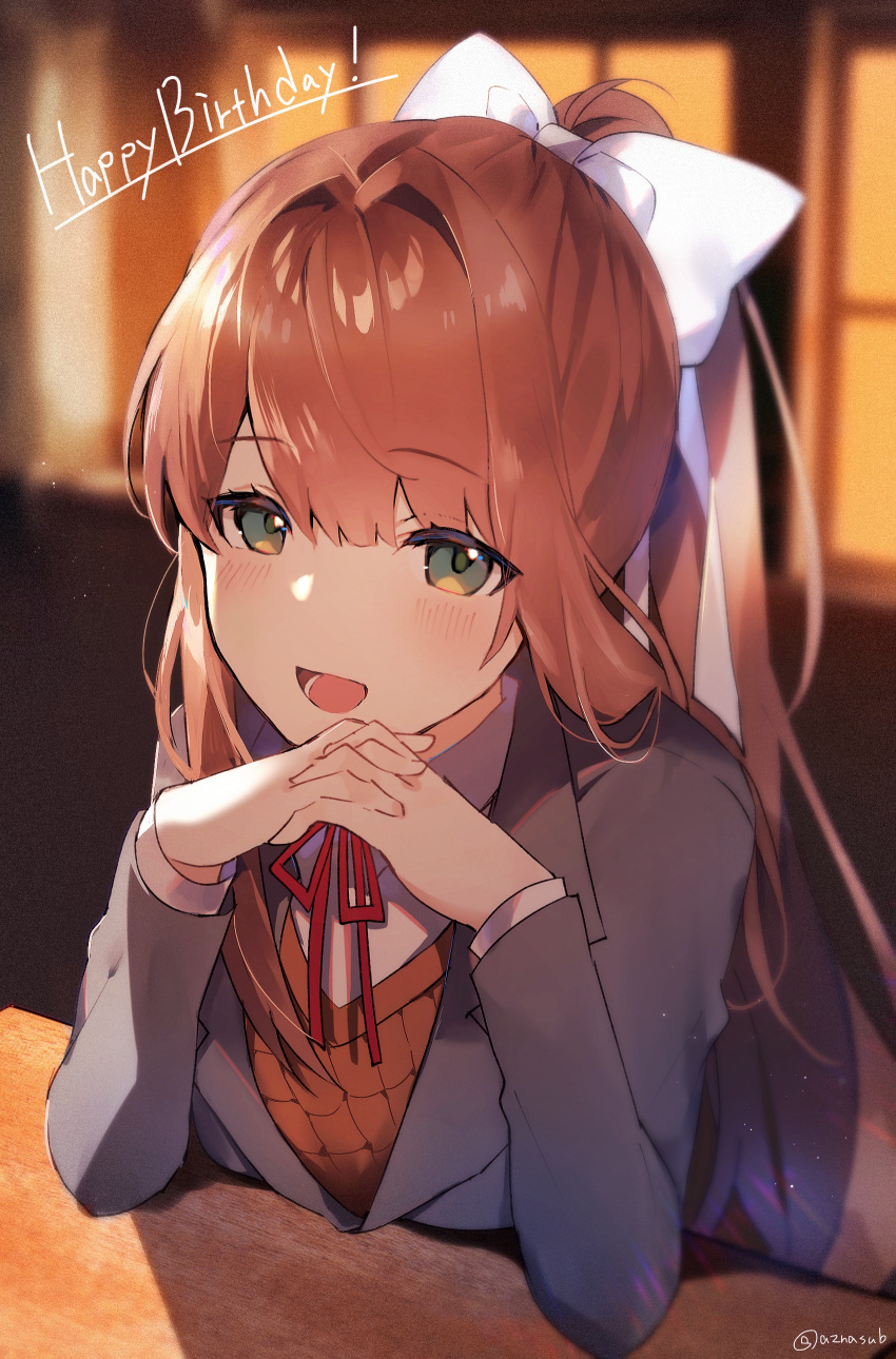 1girl, absurdres, azna, bow, brown_hair, desk, doki_doki_literature_club, green_eyes