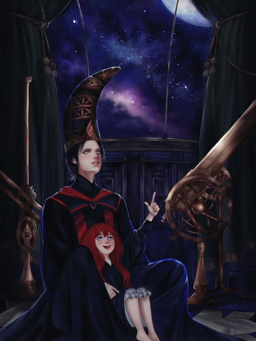 2girls, absurdres, aged_down, bangs, barefoot, black_hair, blue_dress, blue_eyes, blue_robe, commentary, curtains, dress, elden_ring, english_commentary, freckles, hair_between_eyes, hat, highres, index_finger_raised, indoors, lips, long_hair, long_sleeves, looking_up, lunar_princess_ranni, moon, mother_and_daughter, multiple_girls, night, night_sky, open_mouth, pink_lips, pointing, raviollies, redhead, rennala_queen_of_the_full_moon, robe, short_hair, sitting, sitting_on_lap, sitting_on_person, sky, smile, star_(sky), telescope, wizard_hat