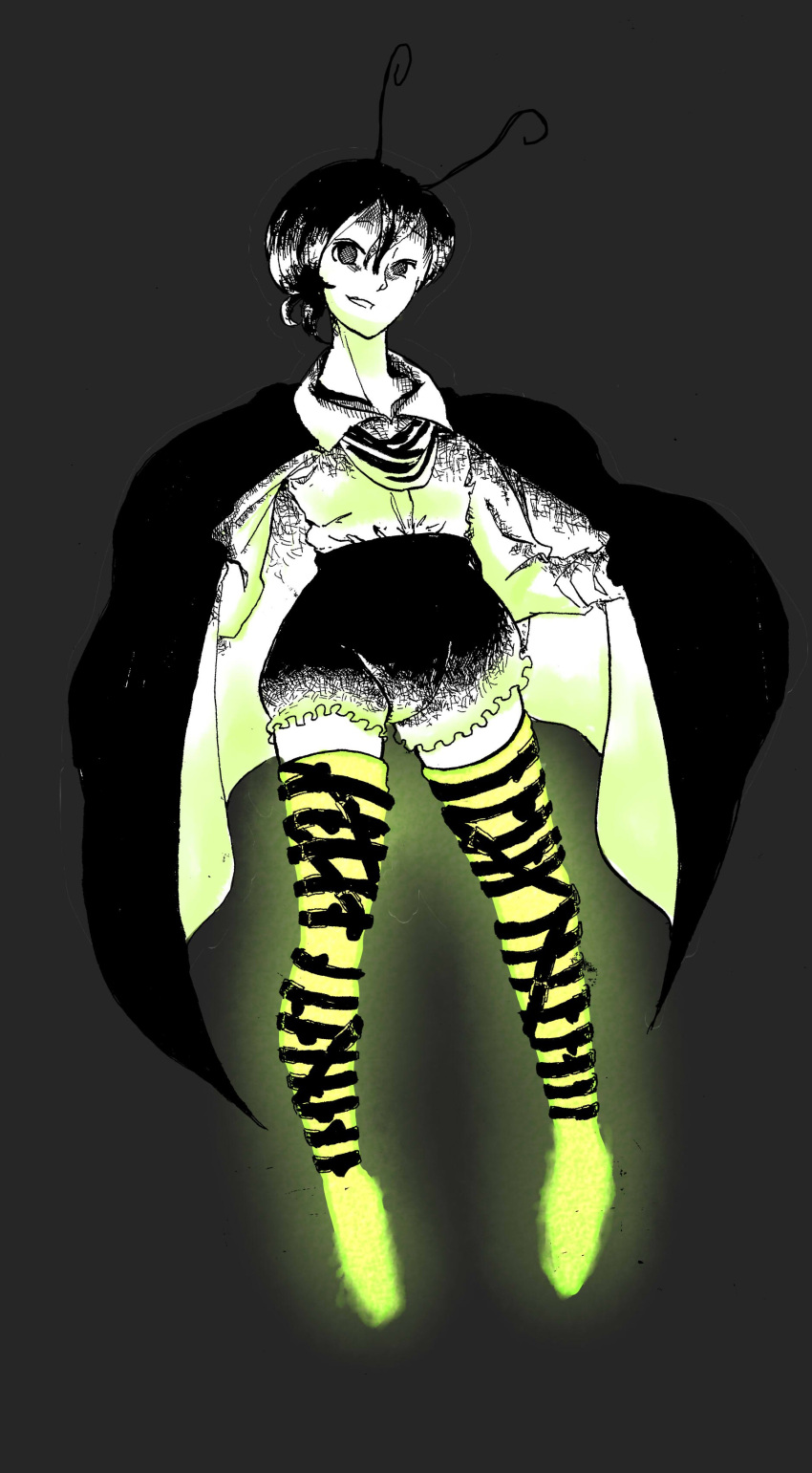 1girl, absurdres, antennae, belt, black_shorts, cape, full_body, glowing