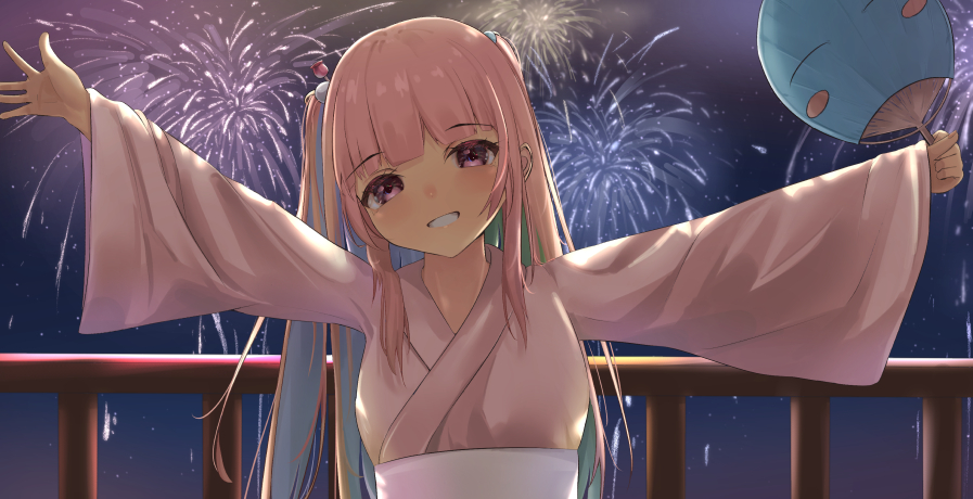 1girl, bangs, blunt_bangs, clenched_teeth, commentary, fireworks, hand_fan, harurunoe