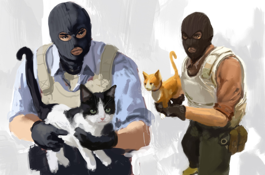 2boys, animal, black_eyes, black_gloves, blue_shirt, brown_pants, bulletproof_vest, cat
