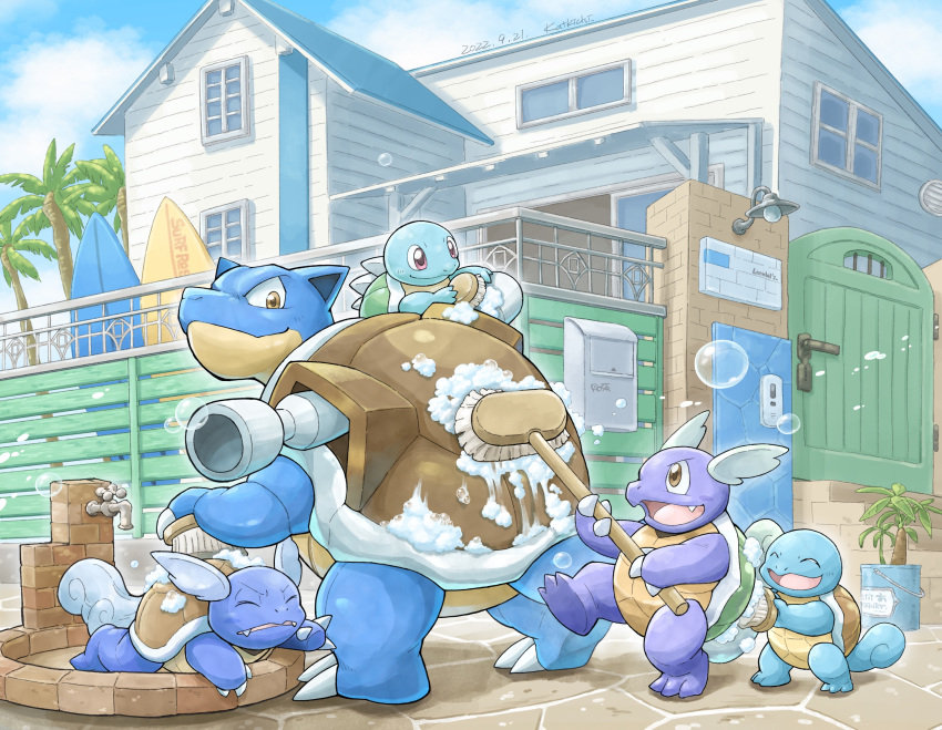 bathing, blastoise, blue_sky, building, claws, dated, day, highres, holding, house, katkichi, multiple_boys, no_humans, open_mouth, outdoors, palm_tree, pokemon, pokemon_(creature), scrub, sky, smile, squirtle, standing, tortoise, tree, turtle, wartortle, water