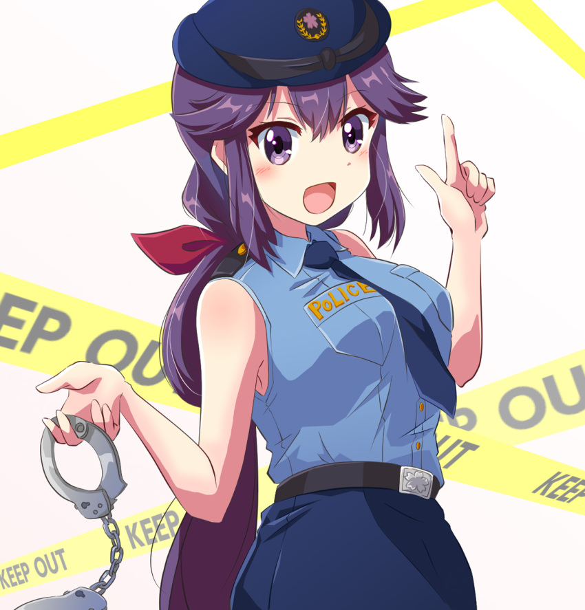 1girl, :d, bare_arms, bare_shoulders, black_necktie, blue_shirt, blue_skirt, blush