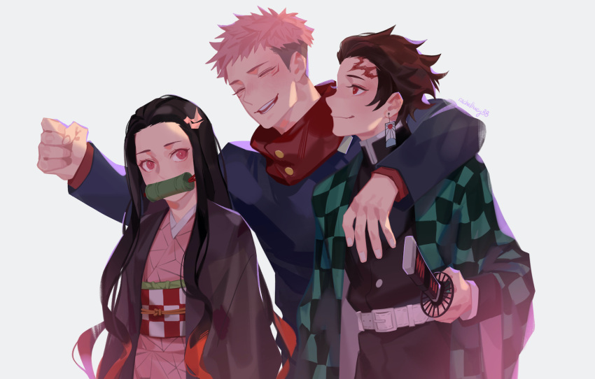 1girl, 2boys, arm_around_shoulder, belt, bit_gag, black_hair, black_jacket, black_pants