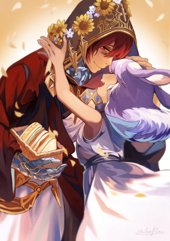 1boy, 1girl, aged_down, animal_ears, bare_arms, closed_eyes, crystal_exarch, dress