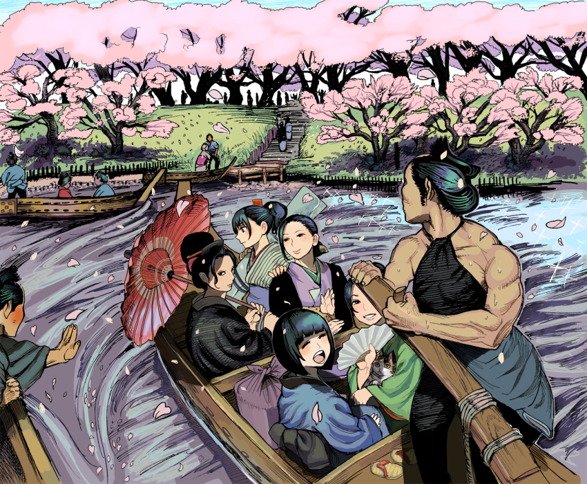 :d, boat, cat, cherry_blossoms, day, falling_petals, gesogeso, hair_ornament, hairclip, hanami, japanese_clothes, kimono, kitten, kotetsu_(gesogeso), mole, mole_under_eye, multiple_girls, muscular, muscular_female, ninja, oil-paper_umbrella, original, outdoors, petals, retsu_(gesogeso), river, sandals, sandals_removed, smile, stairs, stone_stairs, umbrella, watercraft, zantetsu_(gesogeso)