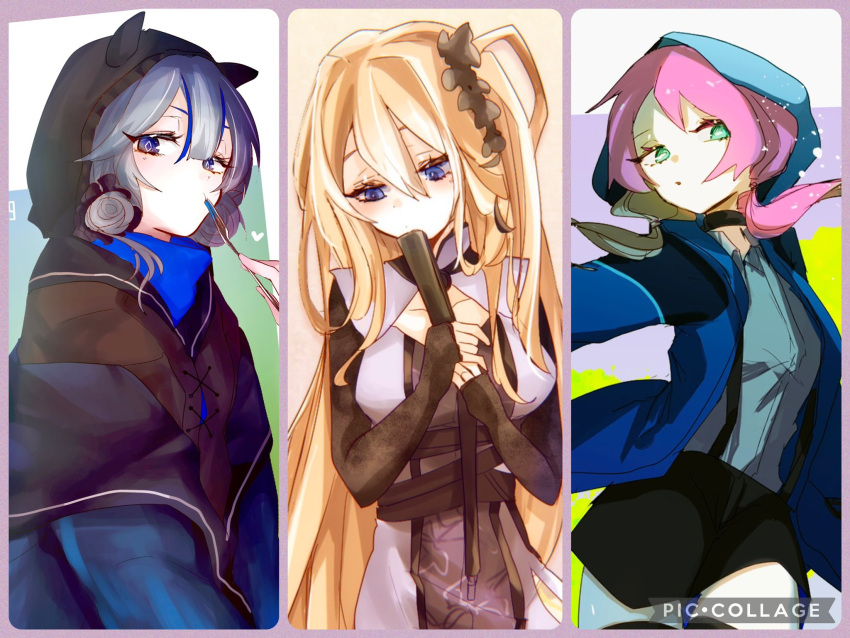 3girls, alternate_costume, arknights, bangs, blue_eyes, blue_hair, blue_poison_(arknights), brown_hair, choker, glaucus_(arknights), highres, hood, hood_up, hooded_jacket, indigo_(arknights), indigo_(serene_day)_(arknights), jacket, long_hair, low_twintails, multicolored_hair, multiple_girls, pink_hair, shorts, side_ponytail, streaked_hair, twintails, ub_orca