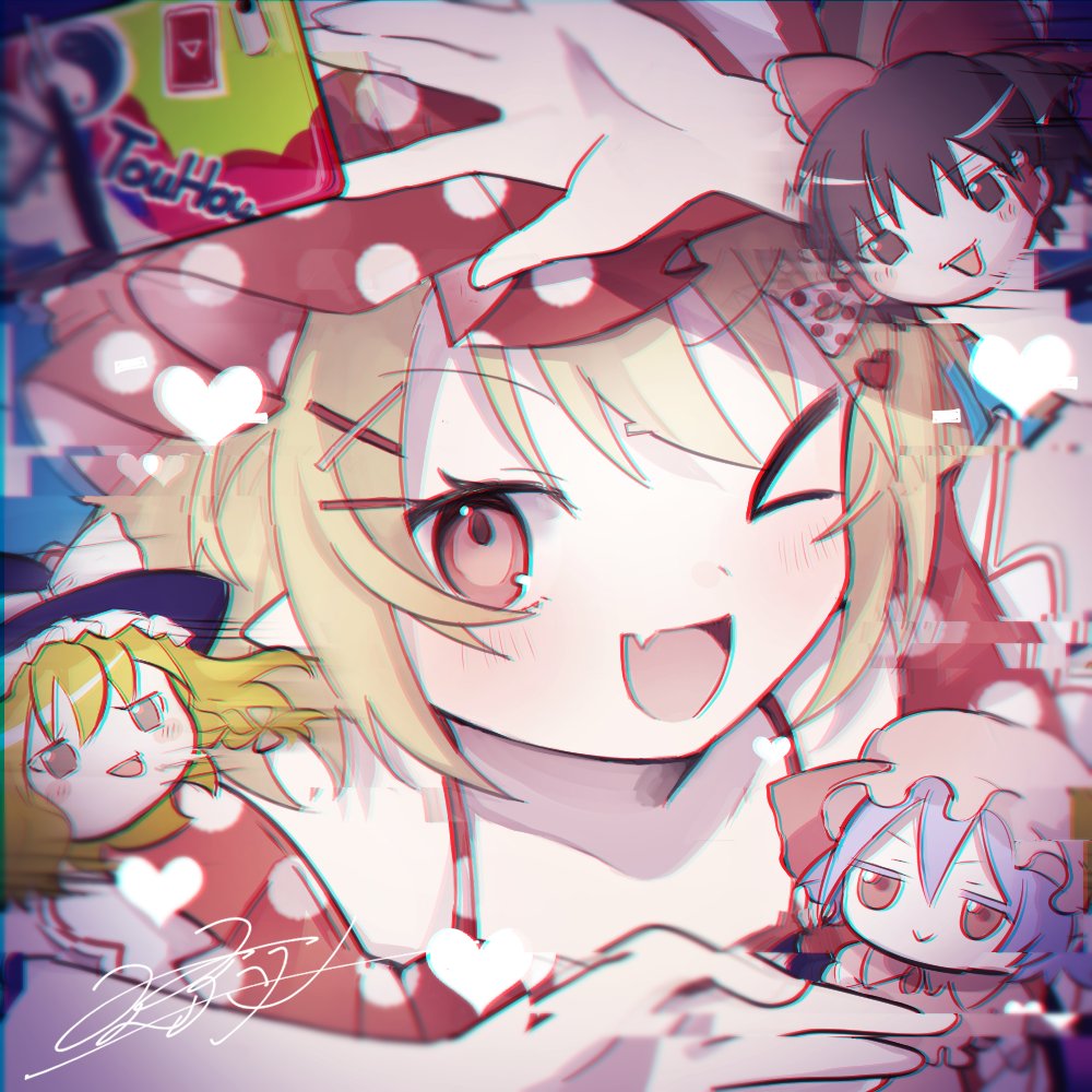 4girls, blonde_hair, blue_hair, breasts, brown_eyes, brown_hair, flandre_scarlet, hakurei_reimu