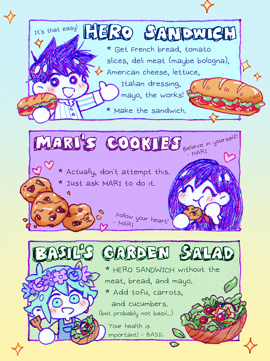 1girl, 2boys, ^_^, basil_(omori), blush, bowl, bright_pupils, character_name