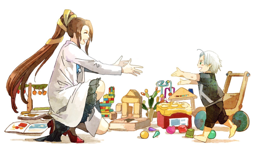 1boy, 1girl, bangs, barefoot, black_shorts, bombyxmori_ckr, book, brown_hair