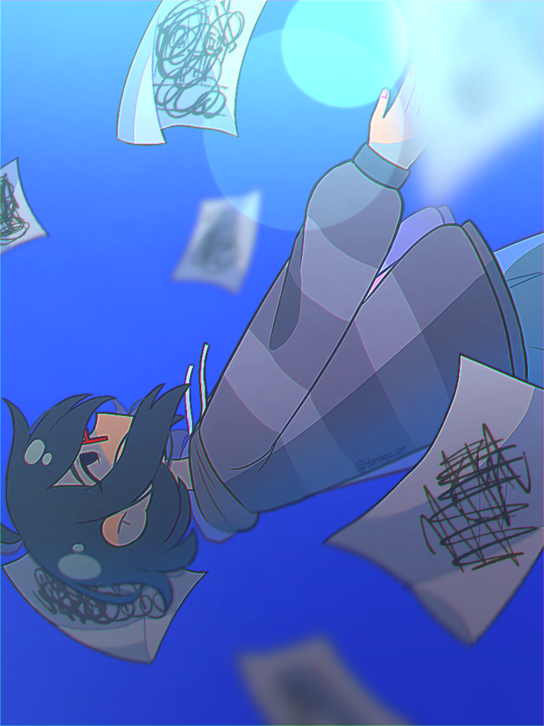1girl, artist_name, black_eyes, black_hair, blue_background, blurry, blurry_background, donuqx