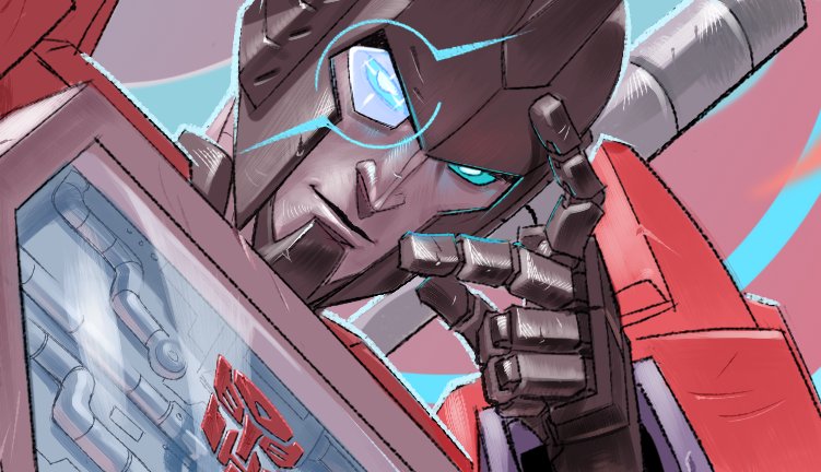 autobot, blue_eyes, english_commentary, hand_on_own_face, head_tilt, light_smile, looking_at_viewer, mecha, perceptor_(transformers), portrait, pretentiousfork, robot, science_fiction, scouter, solo, transformers