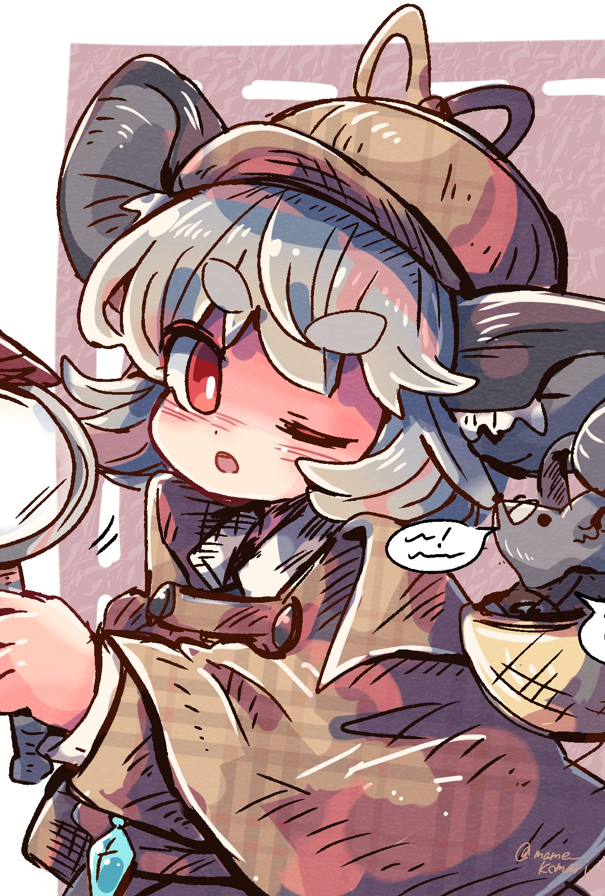1girl, ;o, animal_ears, bright_pupils, brown_capelet, brown_headwear, capelet, collared_shirt
