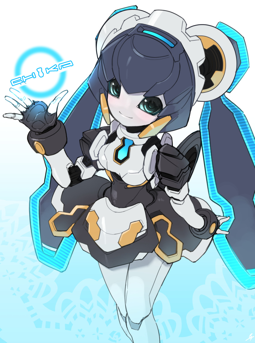1girl, aqua_eyes, black_hair, blush, breasts, cowboy_shot, highres, humanoid_robot