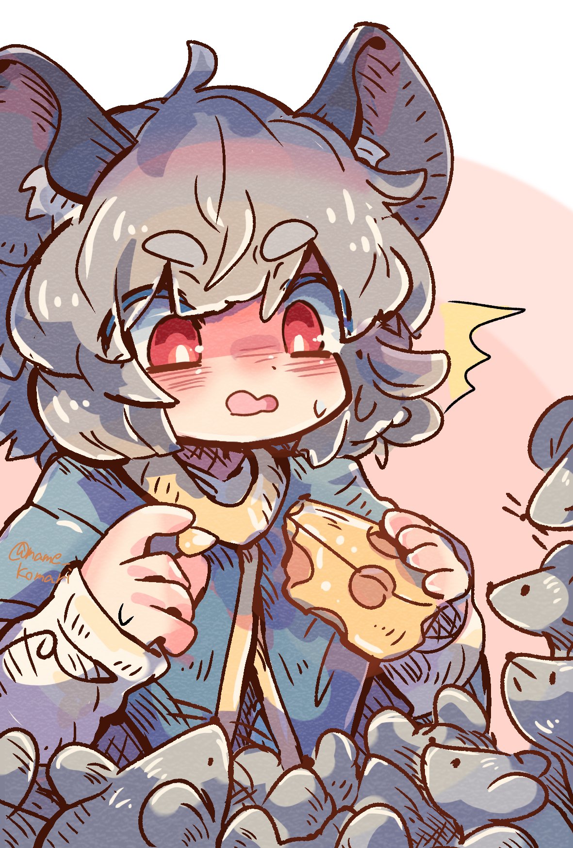1girl, animal_ears, blue_capelet, bright_pupils, capelet, cheese, commentary_request, food