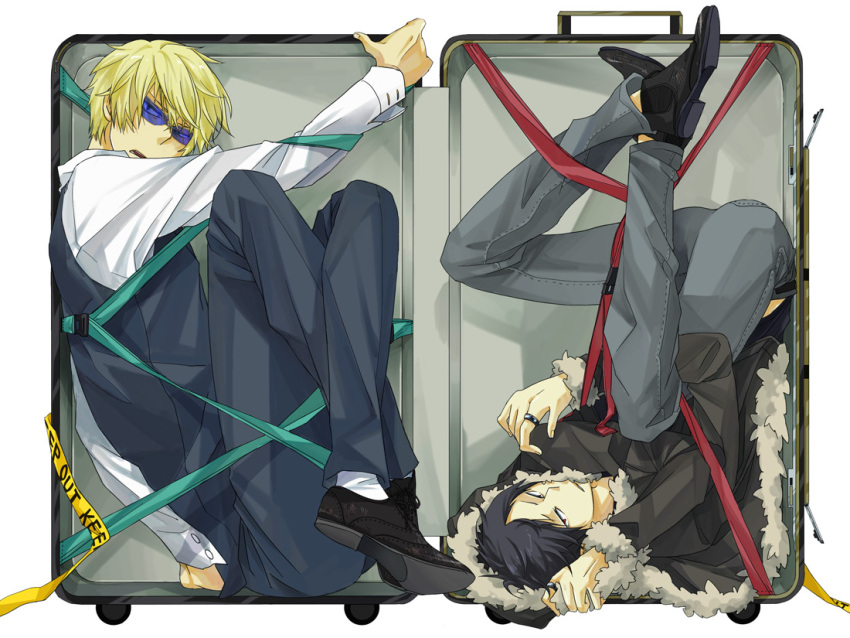 black_hair, blonde_hair, durarara!!, glasses, heiwajima_shizuo, multiple_boys, orihara_izaya, red_eyes, shiwasuda, suitcase