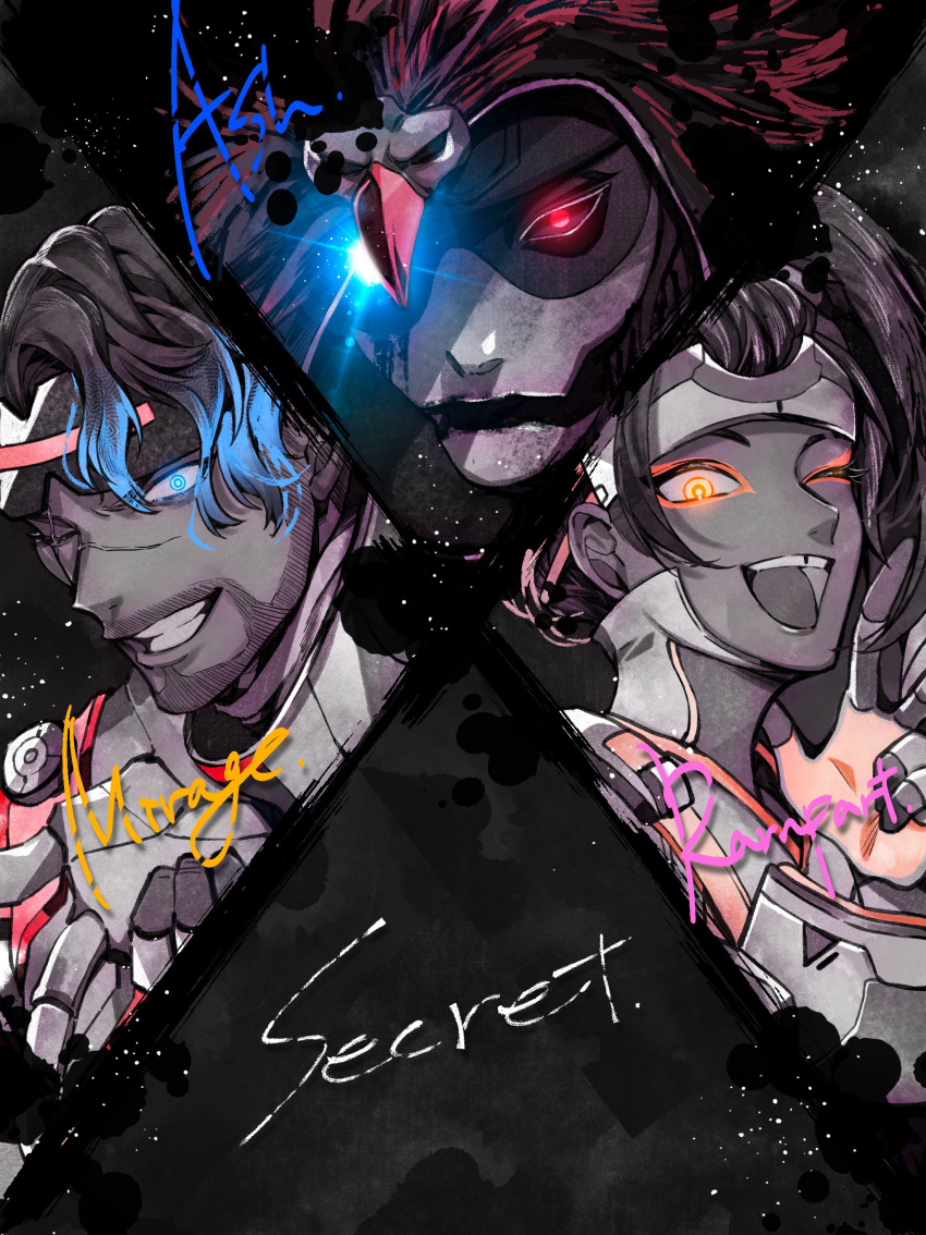 1boy, 2girls, absurdres, android, animification, apex_legends, ash_(titanfall_2), blue_eyes, blue_hair, character_name, colored_tips, crafty_kitsune_rampart, eyeshadow, fingerless_gloves, ghost_machine_mirage, gloves, glowing, glowing_eye, glowing_eyes, goggles, goggles_on_head, heterochromia, highres, hood, hood_up, makeup, mercenary_mystique_ash, mirage_(apex_legends), mozuwaka, multicolored_hair, multiple_girls, official_alternate_costume, one_eye_closed, orange_eyes, orange_eyeshadow, orange_gloves, rampart_(apex_legends), red_eyes, scar, scar_across_eye, scar_on_face, scar_on_nose, side_ponytail, smile, spot_color