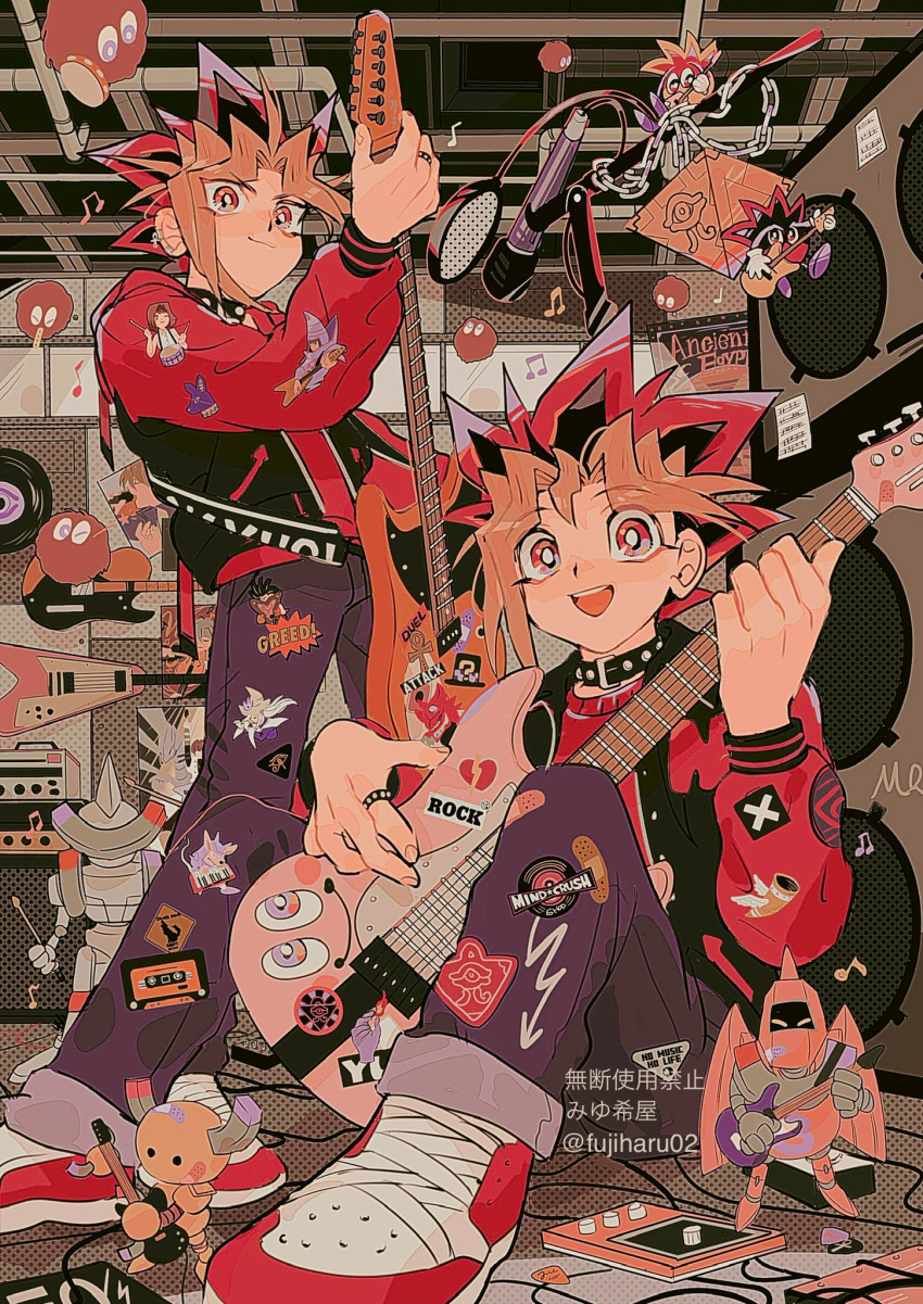2boys, collar, electric_guitar, fujiharu_(akamine), guitar, highres, instrument, jacket