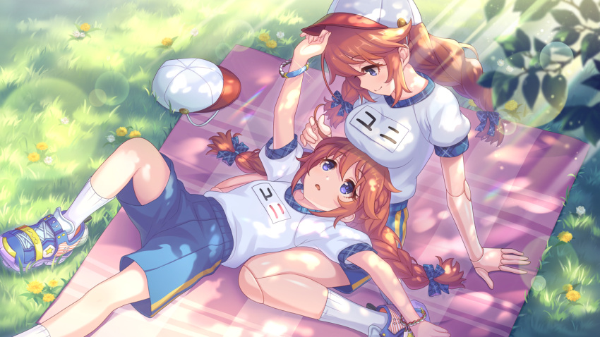 2girls, age_difference, baseball_cap, blue_ribbon, blue_shorts, bracelet, braid, breast_press