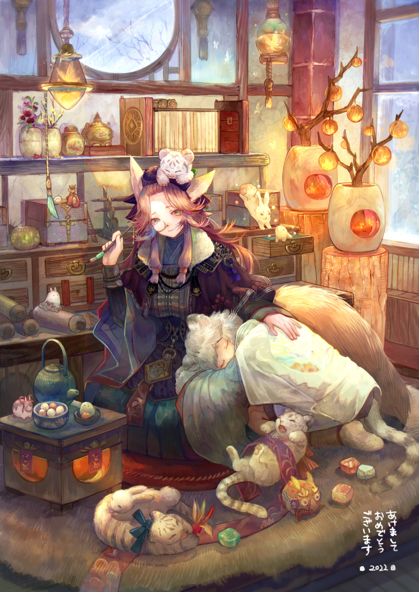 2girls, animal_ears, animal_on_head, black_headwear, bookend, brown_hair, cat, cat_on_head